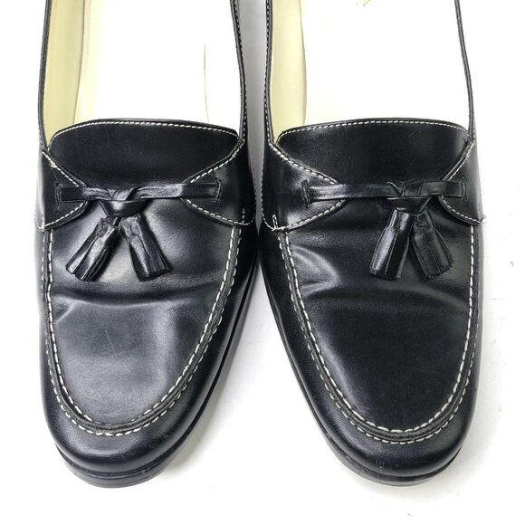 Ralph Lauren Black Leather Shoes Size 9 B Heeled Loafers Block Heels Bow Slip On - Picture 5 of 10